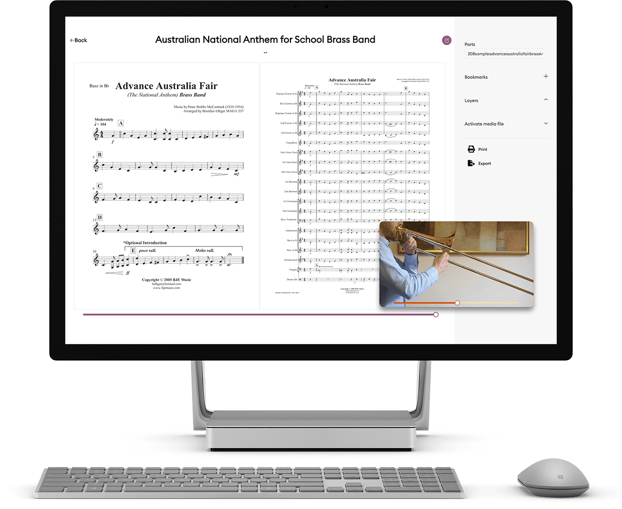 Illustration of a brass teacher using Newzik Web to augment his score with video